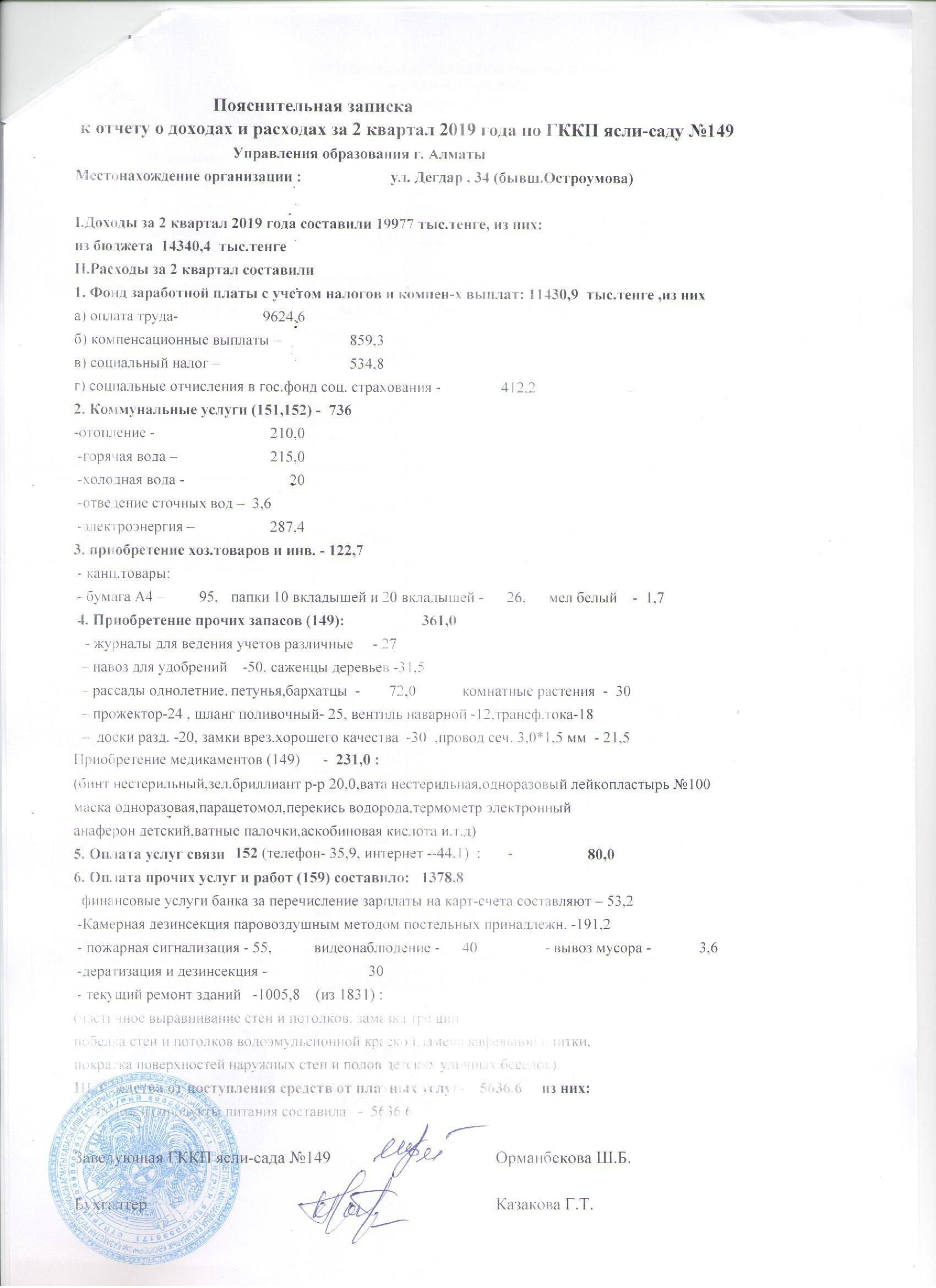 ОТЧЕТ О ДОХОДАХ И РАСХОДАХ ЗА 2 КВ. 2019 Г